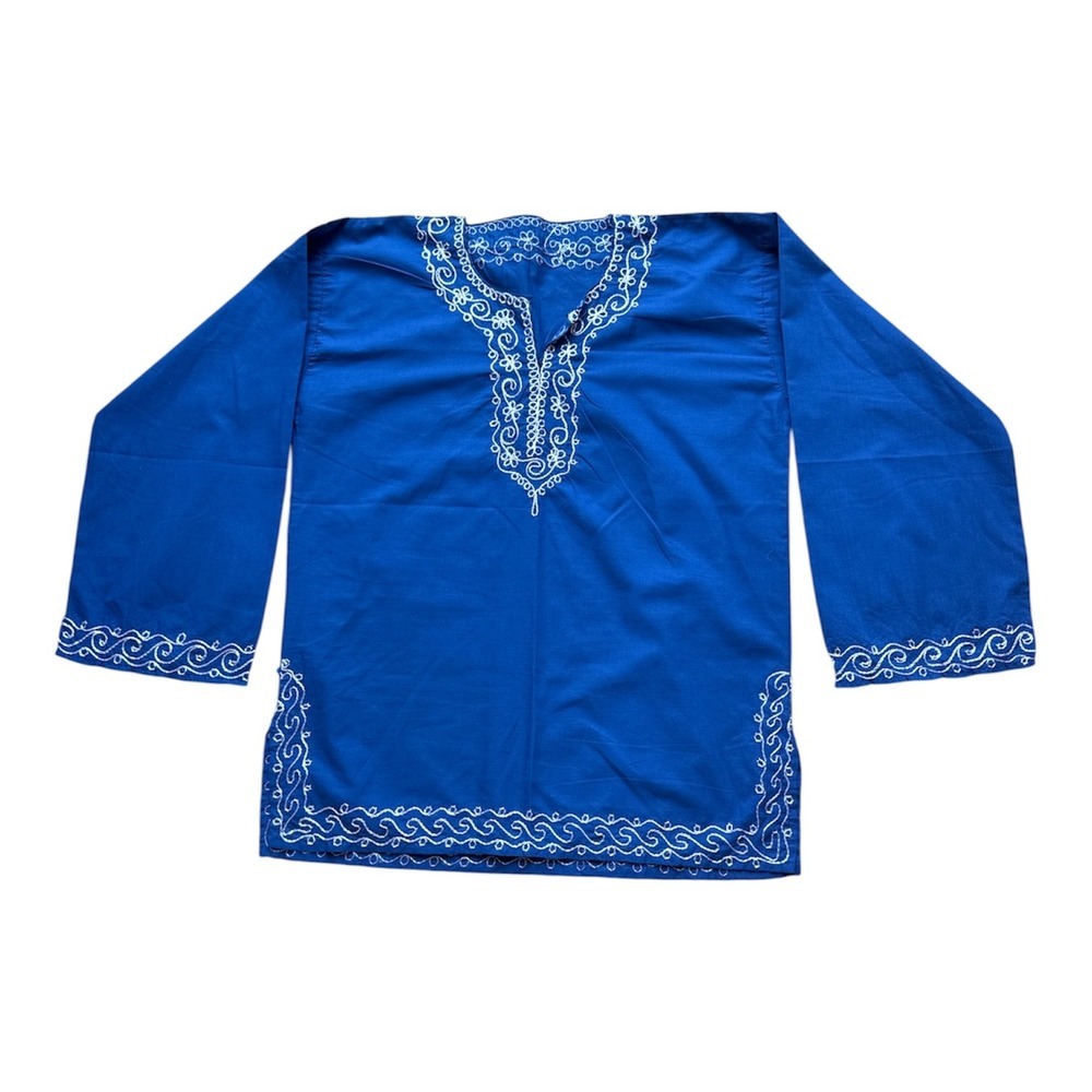 Moroccan Tunic Shirt Cafan Casual Handmade Embroidered Cotton Blue M